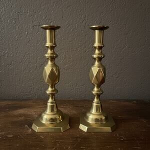 Antique Queen of Diamonds Brass Candlesticks Pair-Victorian English-1897 Jubilee